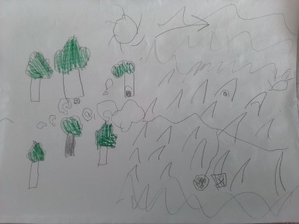 Eine Überlandkarte meiner Tochter mit vielen Details - Wolfsspuren, versteckte Schlüssel und Schätze, Hütten und Höhlen. Außerdem die Zugrichtung der Sonne, aus der man die Himmelsrichtungen extrapolieren kann.